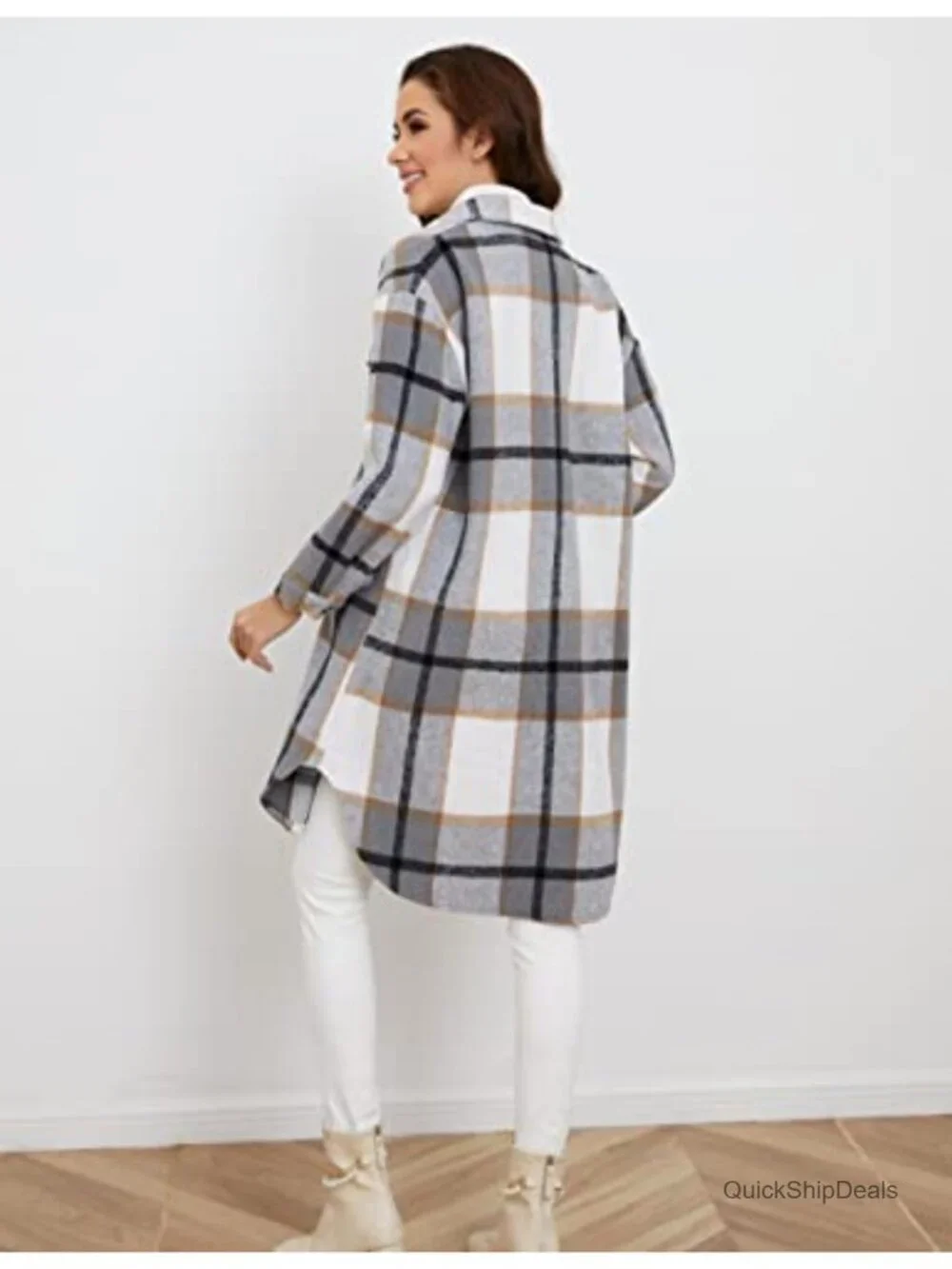 Womens Plaid Shacket Brushed Flannel Shirt Jacket, Wool Blend Tartan Coat,
